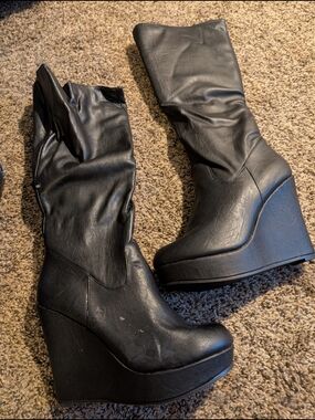 Material Girl Black Wedge Knee-High Heeled Boots